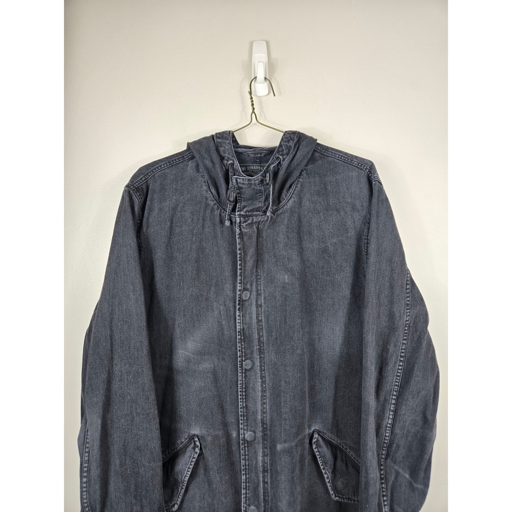 Levis Mens Hooded Denim Parka Jacket Faded Black Cotton Utility Coat Large - Picture 3 of 16